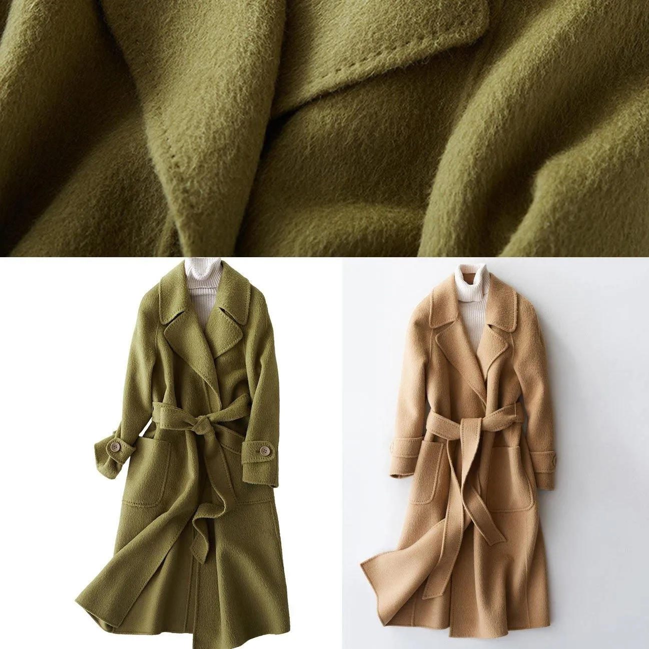 2019 green Wool jackets plus size long winter coat lapel collar women coats tie waist