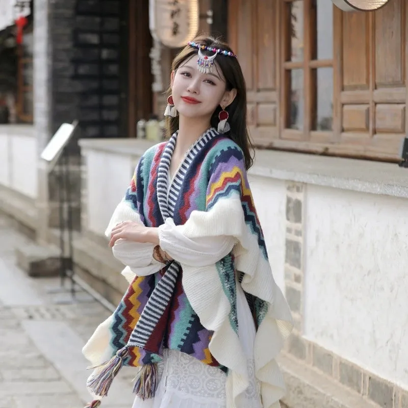 Autumn And Winter Retro Shawl Women's Bohemian New Ethnic Style Photography Outer Wear Warm Fashion Knitted Cape Cloak