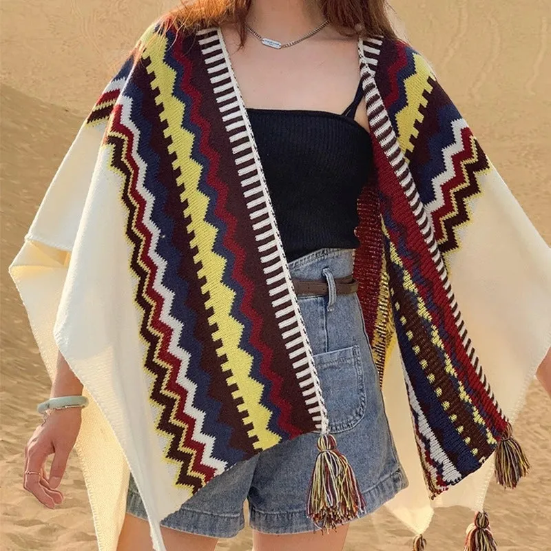 Autumn And Winter Retro Shawl Women's Bohemian New Ethnic Style Photography Outer Wear Warm Fashion Knitted Cape Cloak