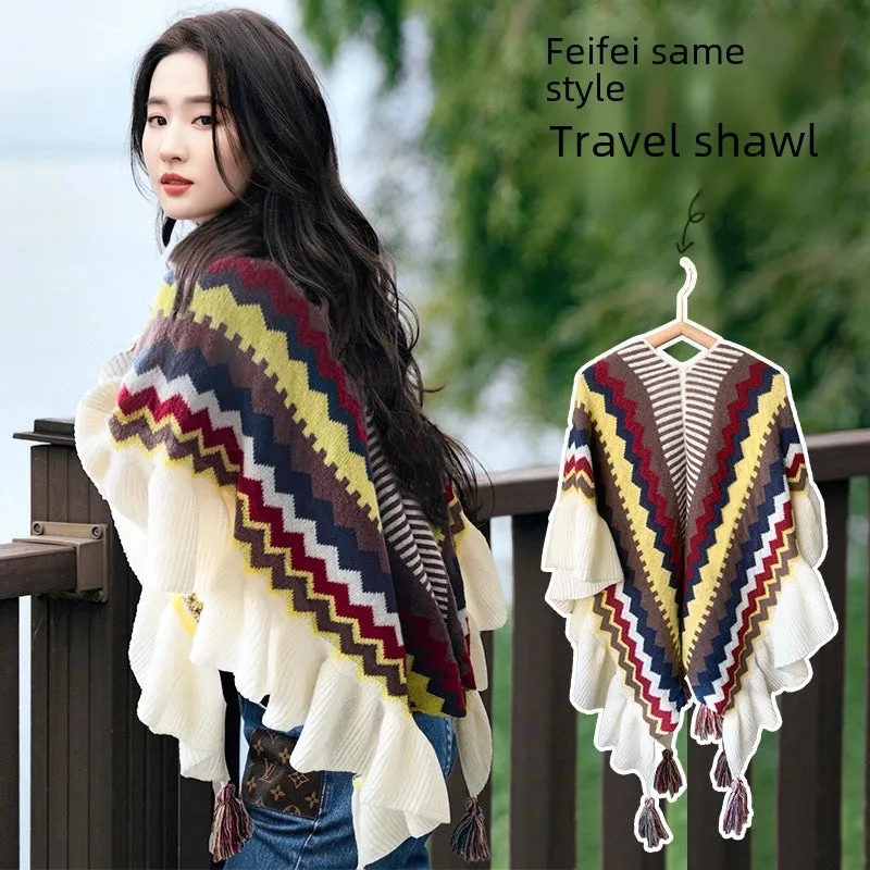 Autumn And Winter Retro Shawl Women's Bohemian New Ethnic Style Photography Outer Wear Warm Fashion Knitted Cape Cloak