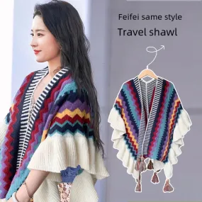 Autumn And Winter Retro Shawl Women's Bohemian New Ethnic Style Photography Outer Wear Warm Fashion Knitted Cape Cloak