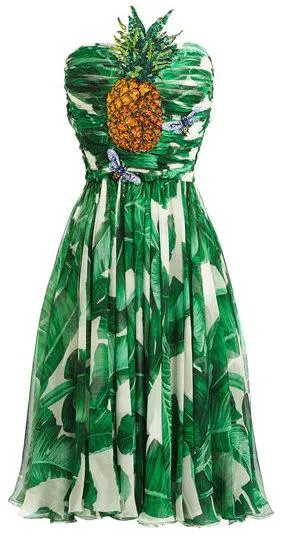 'Banana Leaf' Print Pineapple Embellished Strapless Dress