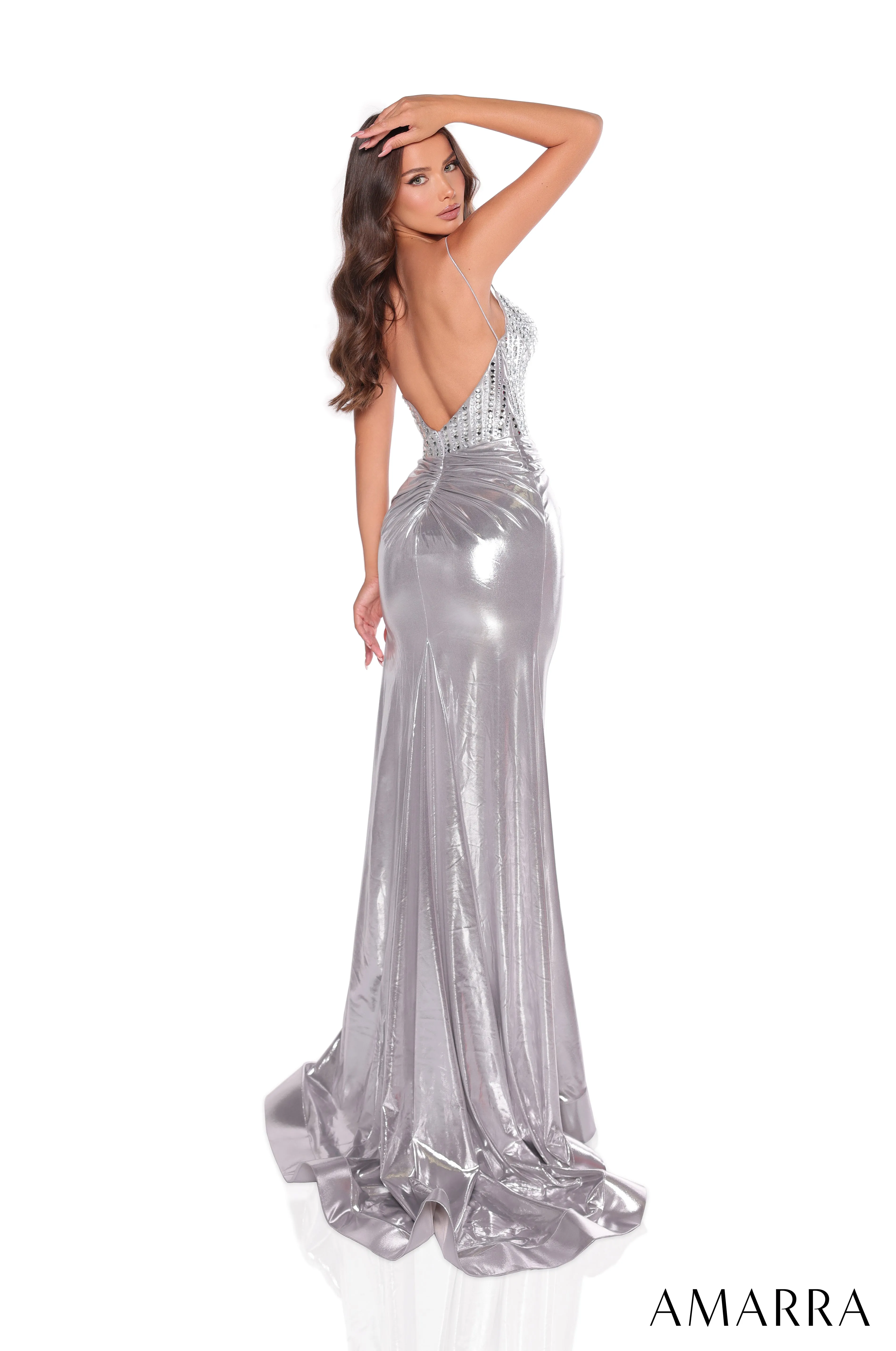 Beaded Metallic Sleeveless Slit Gown by Amarra 88212