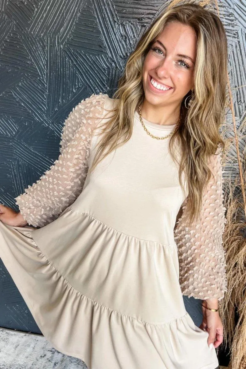 Beige Embellished Tiered Dress