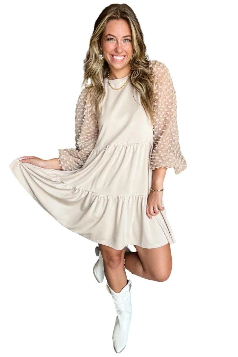 Beige Embellished Tiered Dress