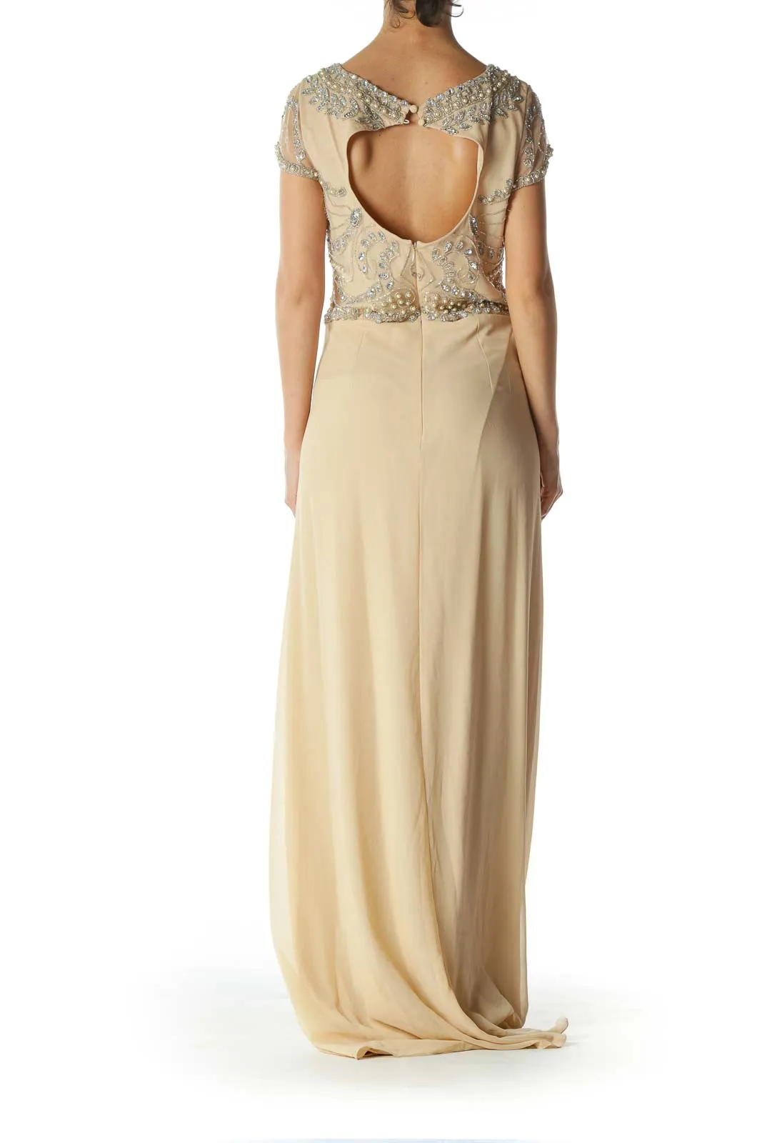 Beige Embellished-Upper Lace Evening Dress