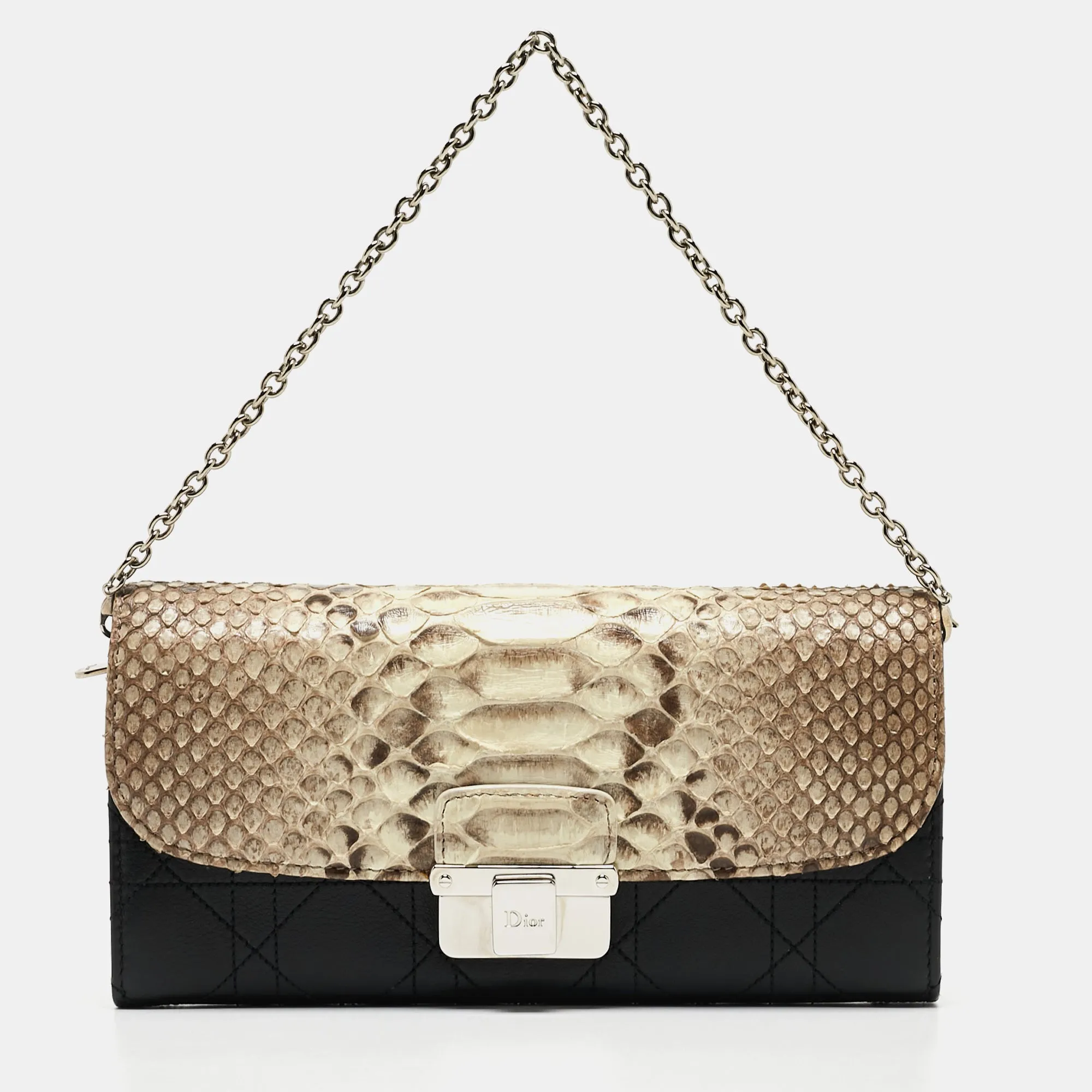 Beige/Black Python And Cannage Leather Diorling Continental Wallet On Chain