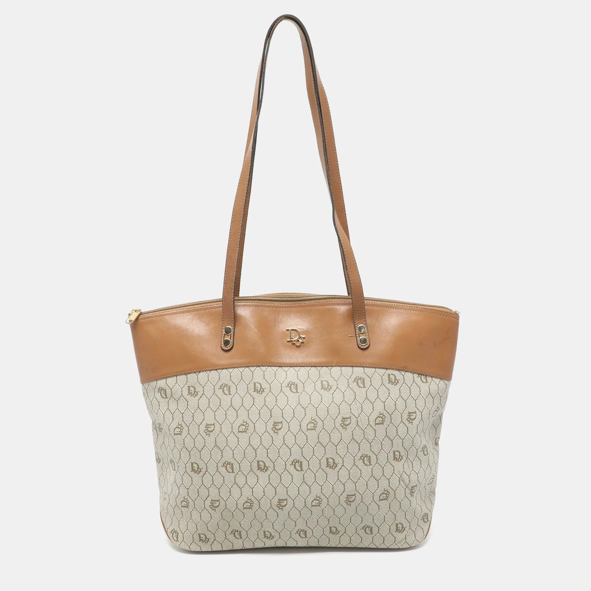 Beige/Brown Honeycomb Coated Canvas and Leather Vintage Tote