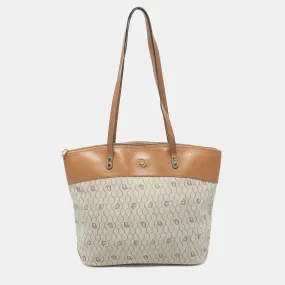 Beige/Brown Honeycomb Coated Canvas and Leather Vintage Tote