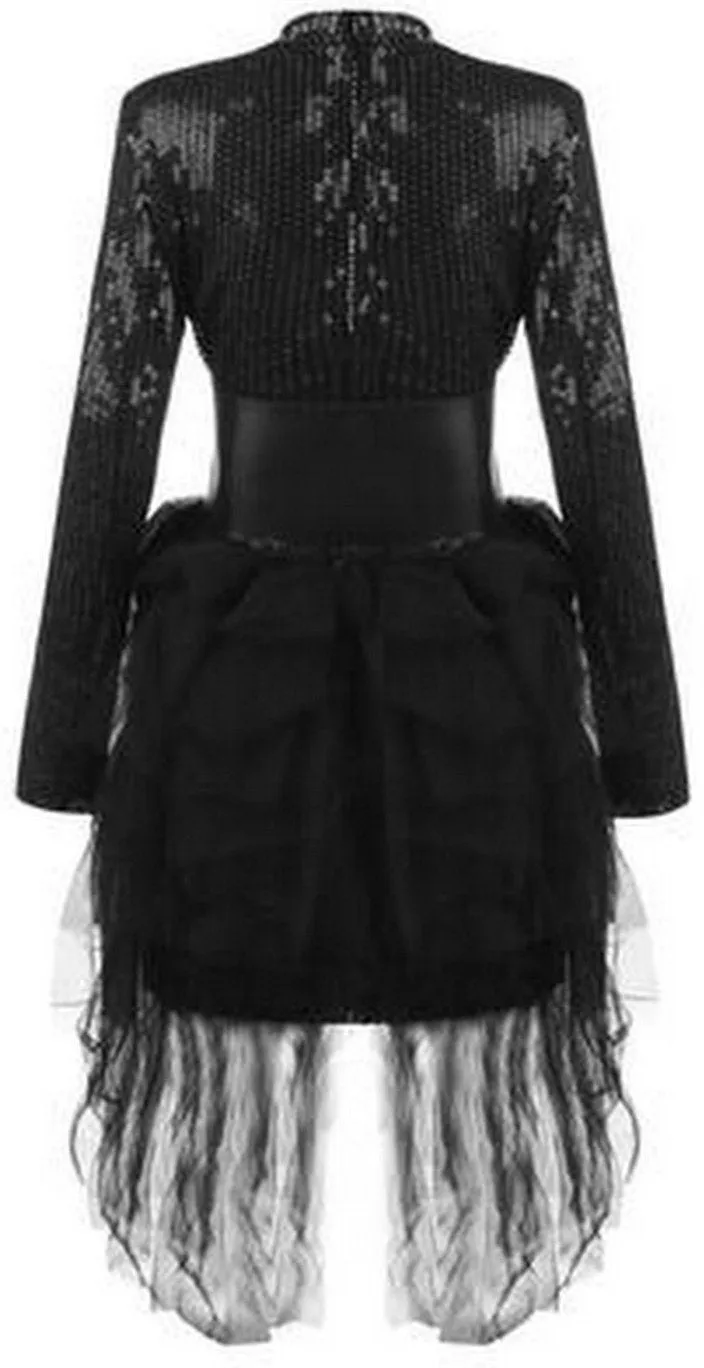 Belted Black Embellished Tulle-Layered Asymmetrical Mini Dress