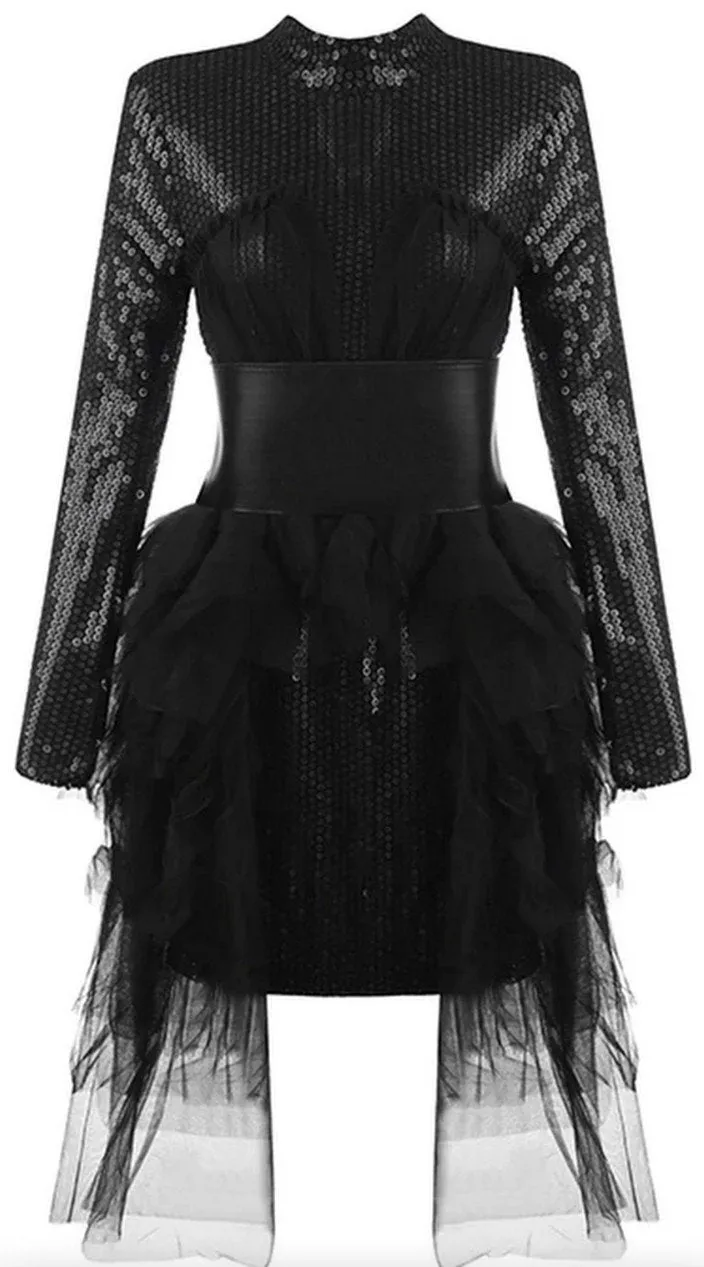 Belted Black Embellished Tulle-Layered Asymmetrical Mini Dress