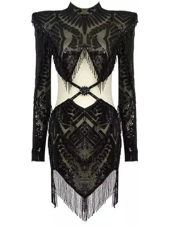 Black Bead-Embellished Paneled Mesh Dress