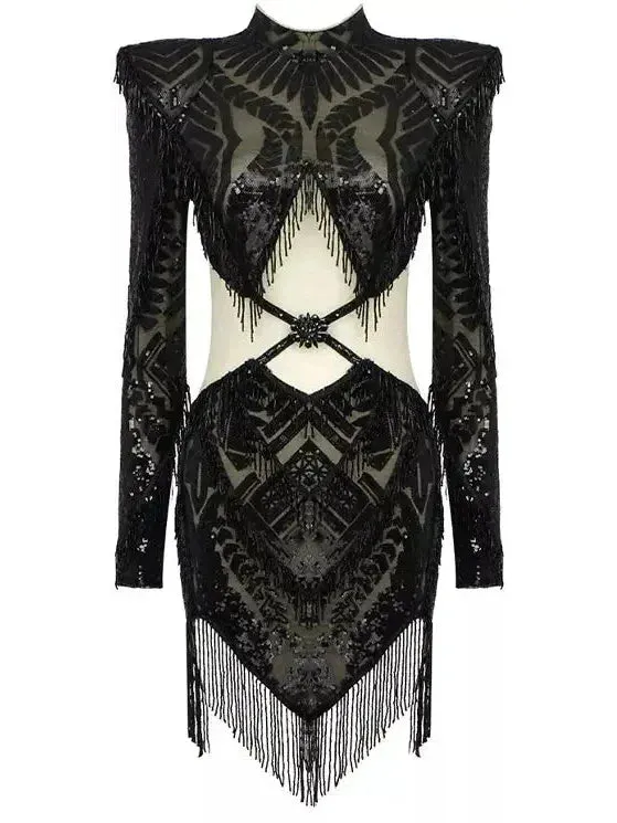 Black Bead-Embellished Paneled Mesh Dress