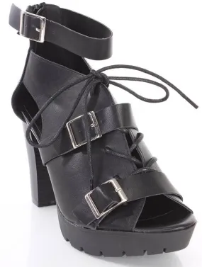 Black Faux Leather Buckle Strappy Platform Booties Heels