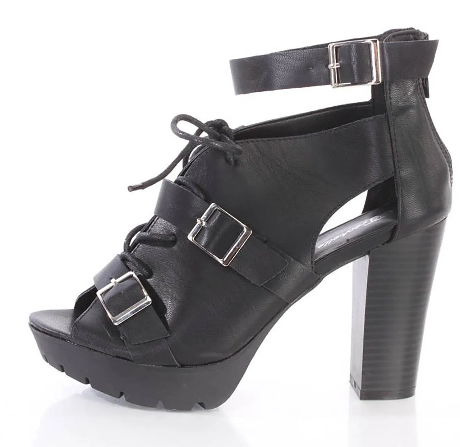 Black Faux Leather Buckle Strappy Platform Booties Heels