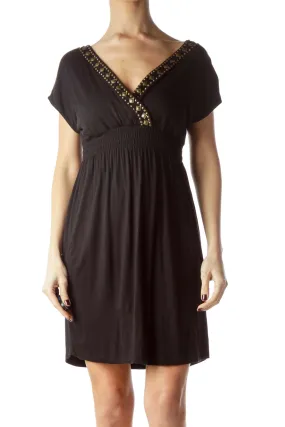 Black Neckline Embellished Stretch Dress