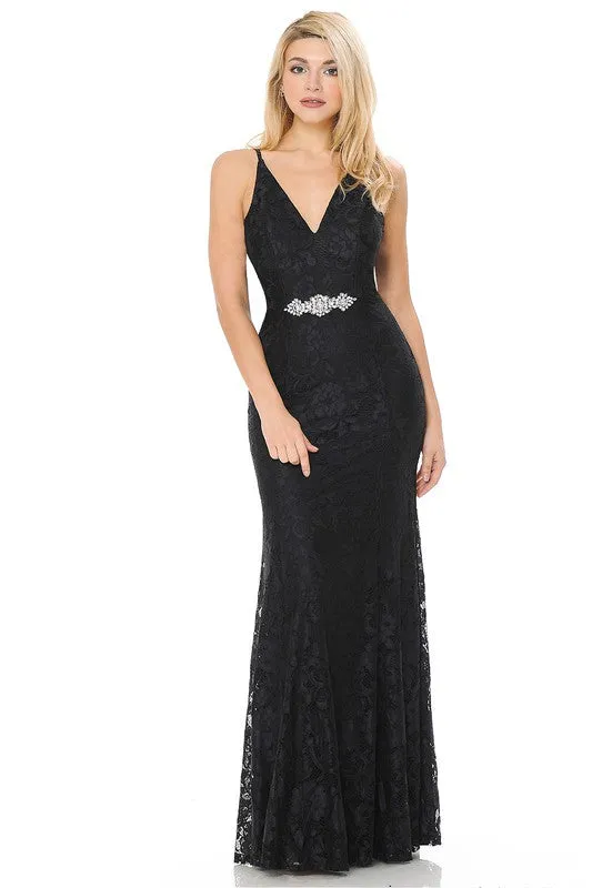 Black Sheer Lace V-Neck Strap Embellished Formal Dress