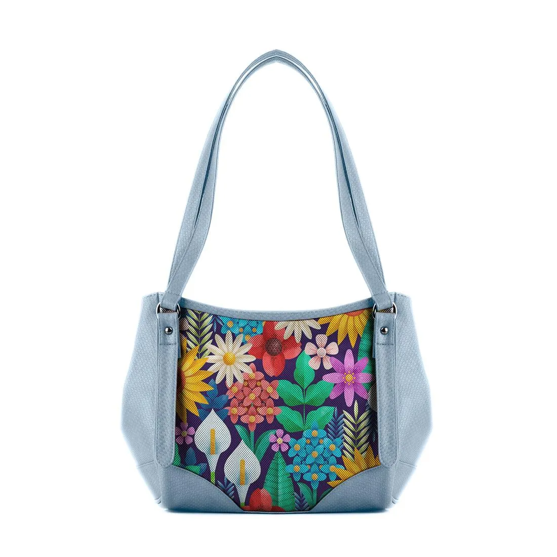 Blue Leather Tote Bag Standing Flowers