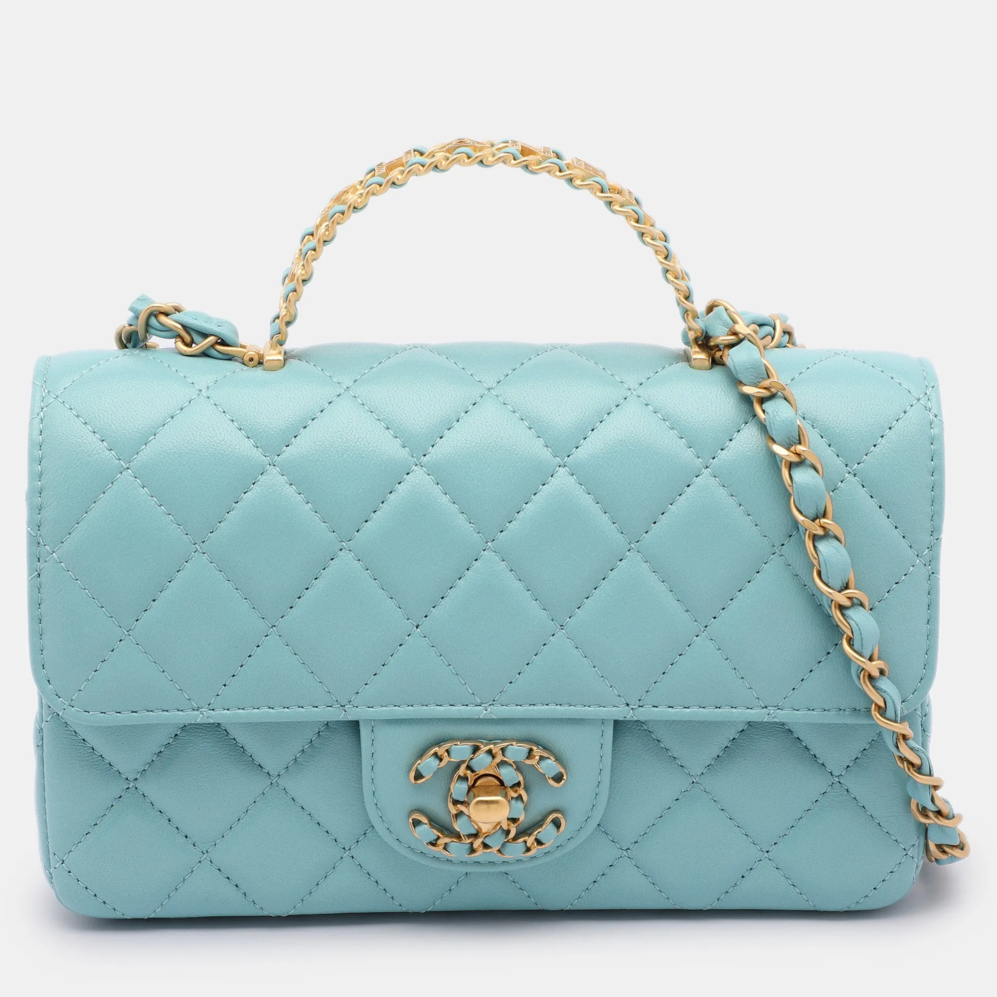 Blue Quilted Leather Mini Strass On Flap Top Handle Bag