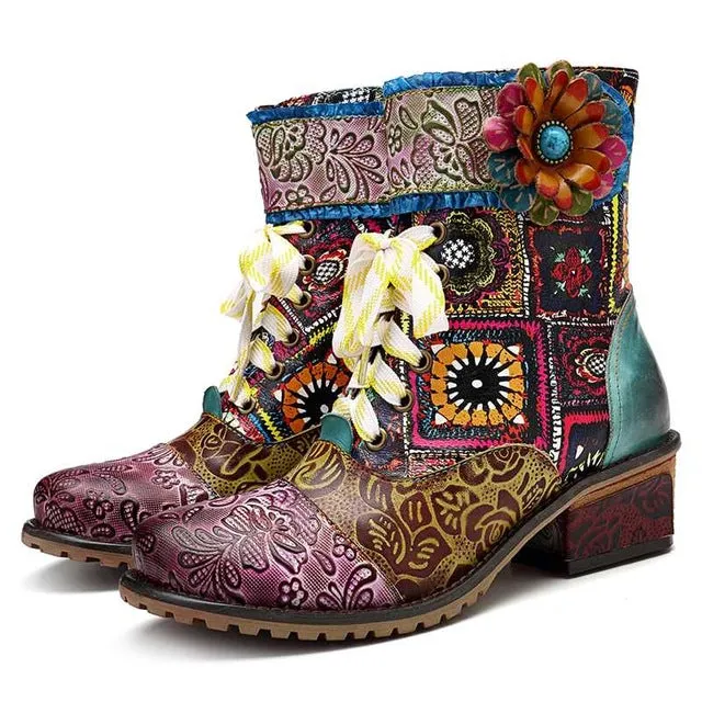 Bohemian Retro Cowgirl Women's Leather Ankle Boots With Zipper