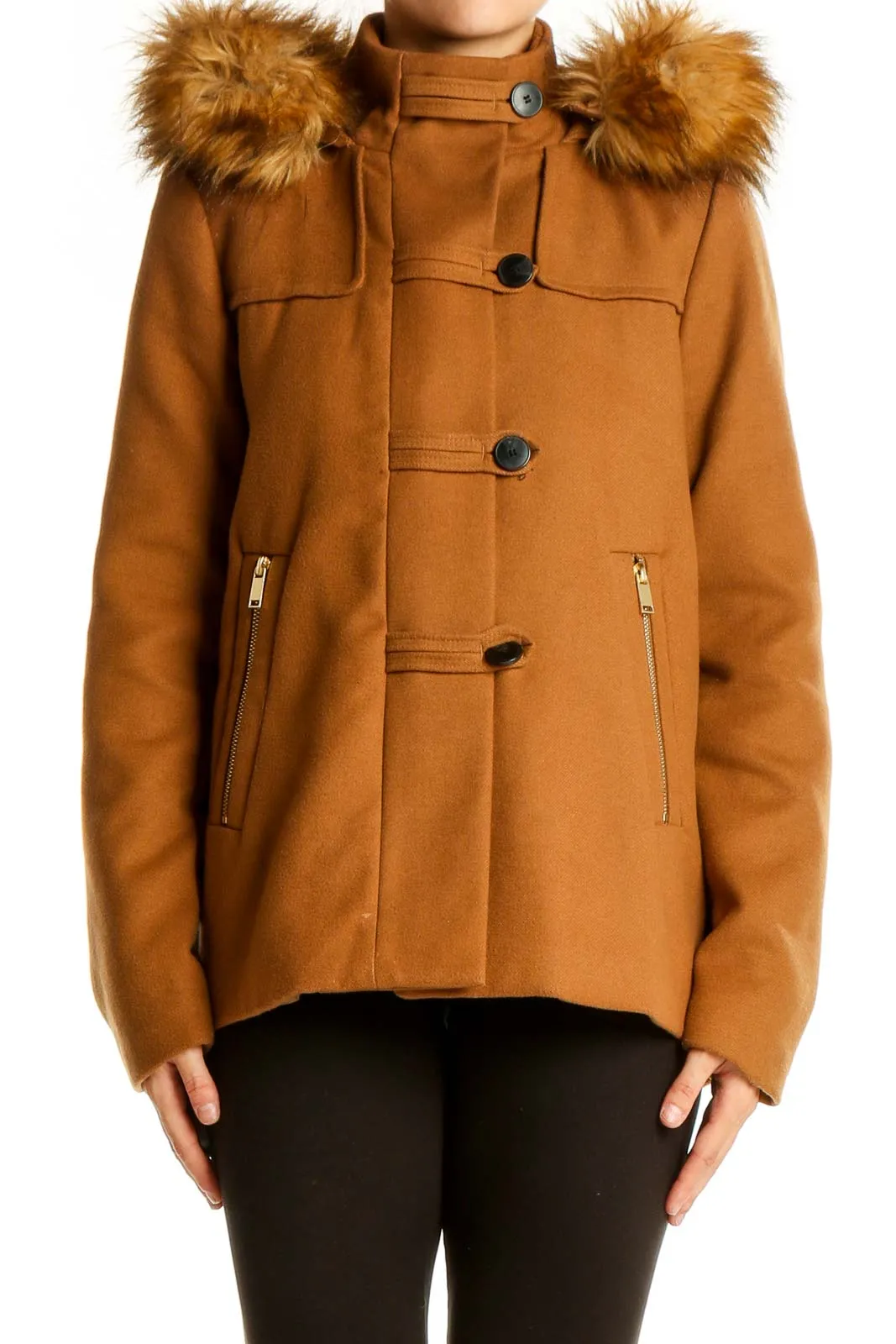 Camel Faux Fur Hooded Coat