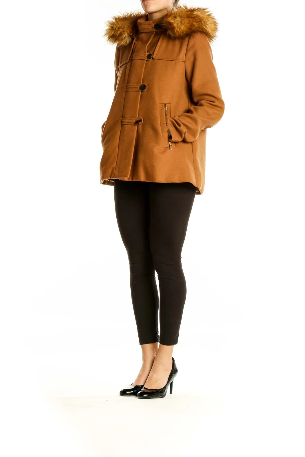 Camel Faux Fur Hooded Coat