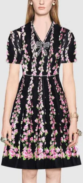 Embellished Floral-Print V-Neck Dress