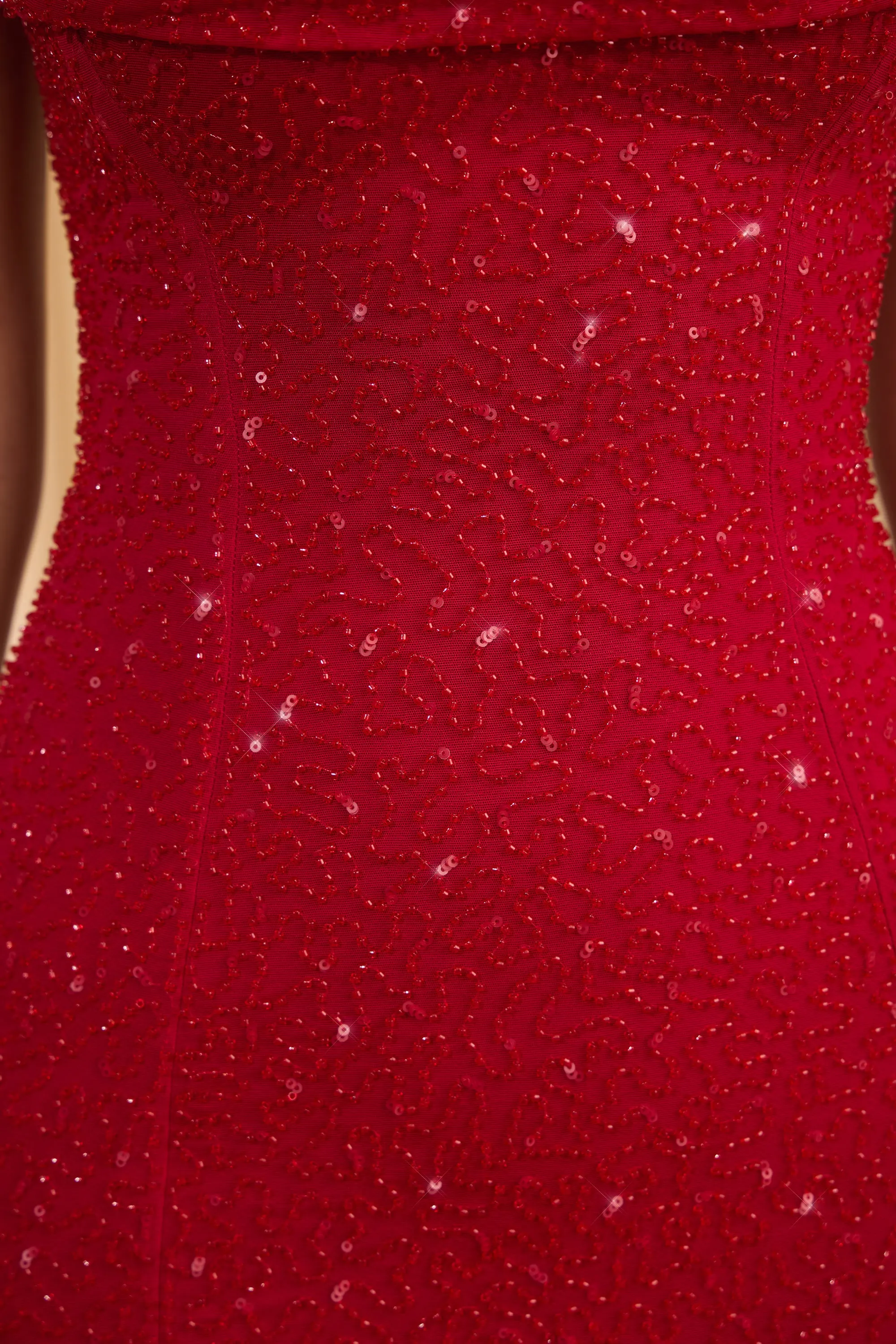 Embellished Strapless Cowl-Neck Mini Dress in True Red