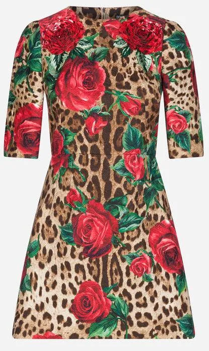 Floral Appliques Dress in Printed Brocade