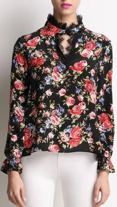 Floral-Print Silk Blouse with Lace Detail