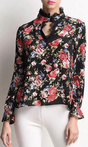 Floral-Print Silk Blouse with Lace Detail