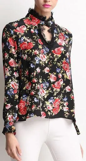 Floral-Print Silk Blouse with Lace Detail