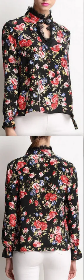 Floral-Print Silk Blouse with Lace Detail