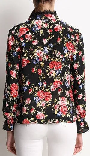 Floral-Print Silk Blouse with Lace Detail