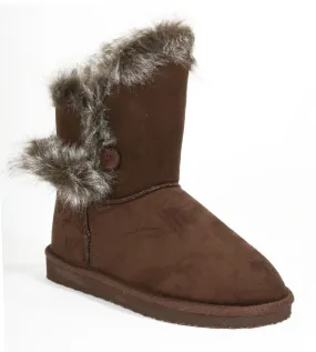 Fur Round Toe Button Ankle Bootie Brown