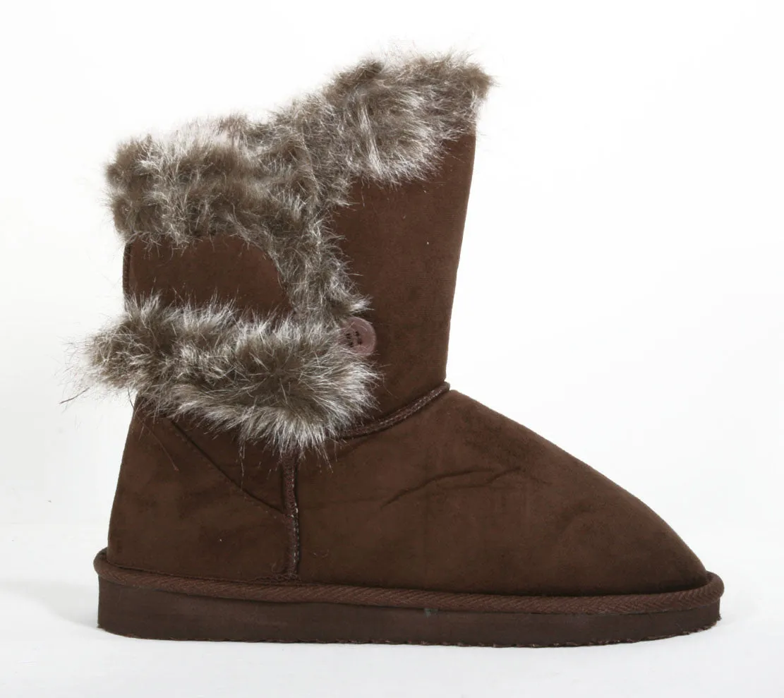 Fur Round Toe Button Ankle Bootie Brown