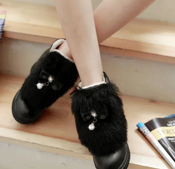 Genuine Leather Bowknot Shaggy Fur Snow Boots