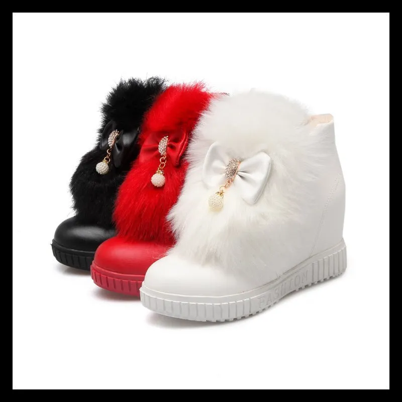 Genuine Leather Bowknot Shaggy Fur Snow Boots