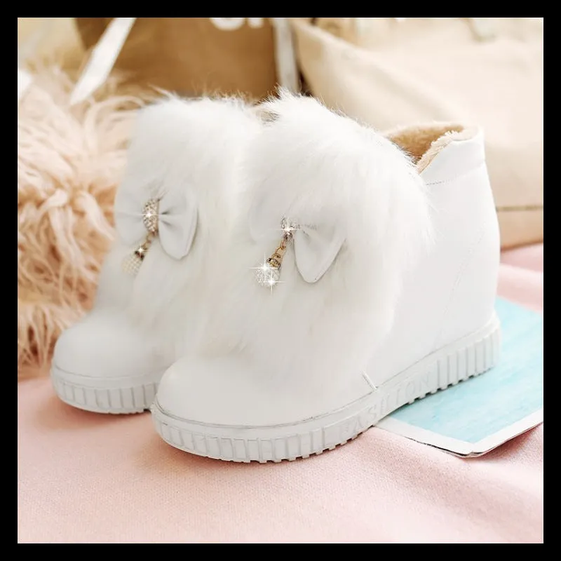 Genuine Leather Bowknot Shaggy Fur Snow Boots