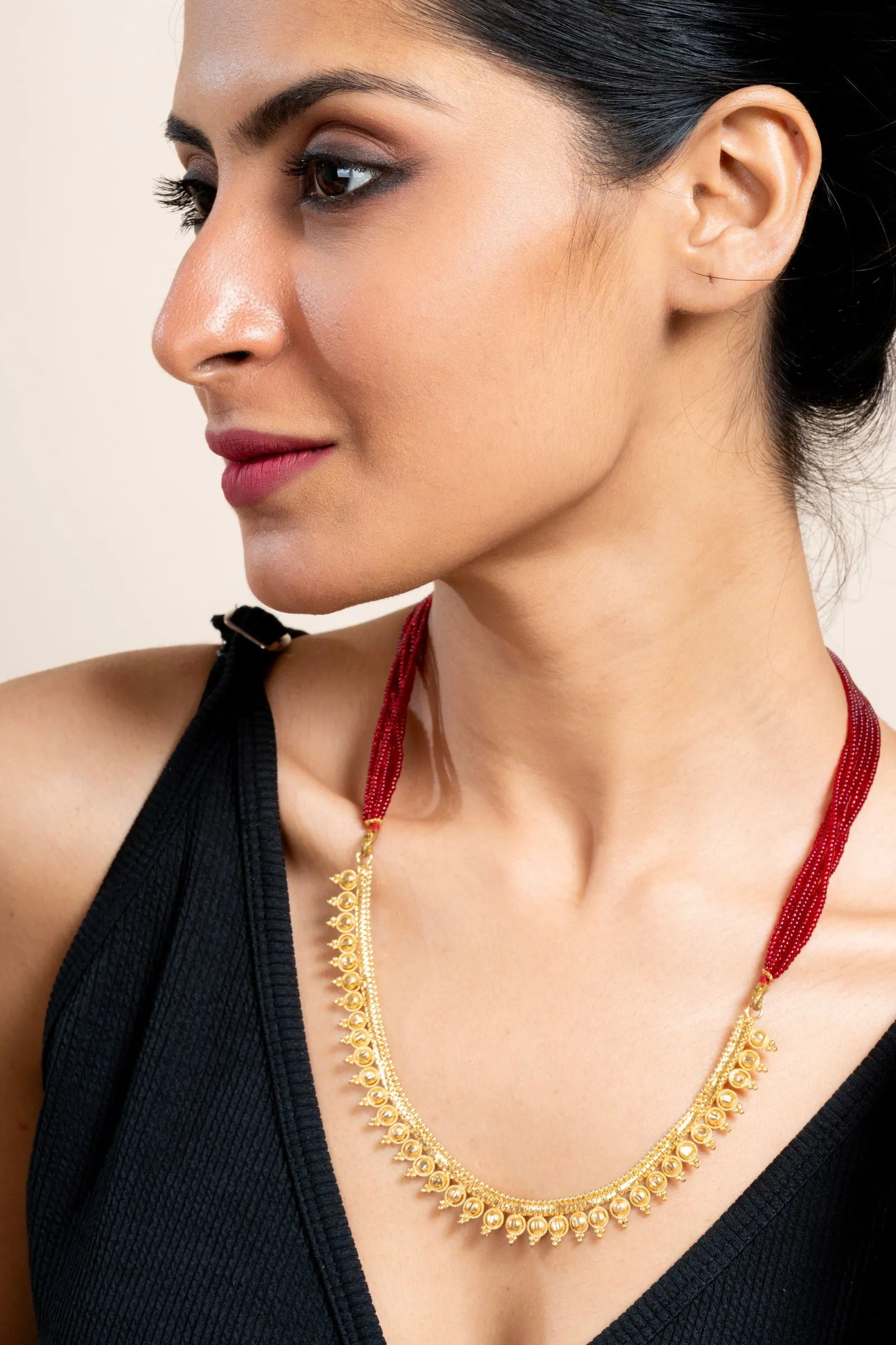 Gold Plated Designer Necklace with Bold Red Tassel Dori - Exquisite Copper Jewelry