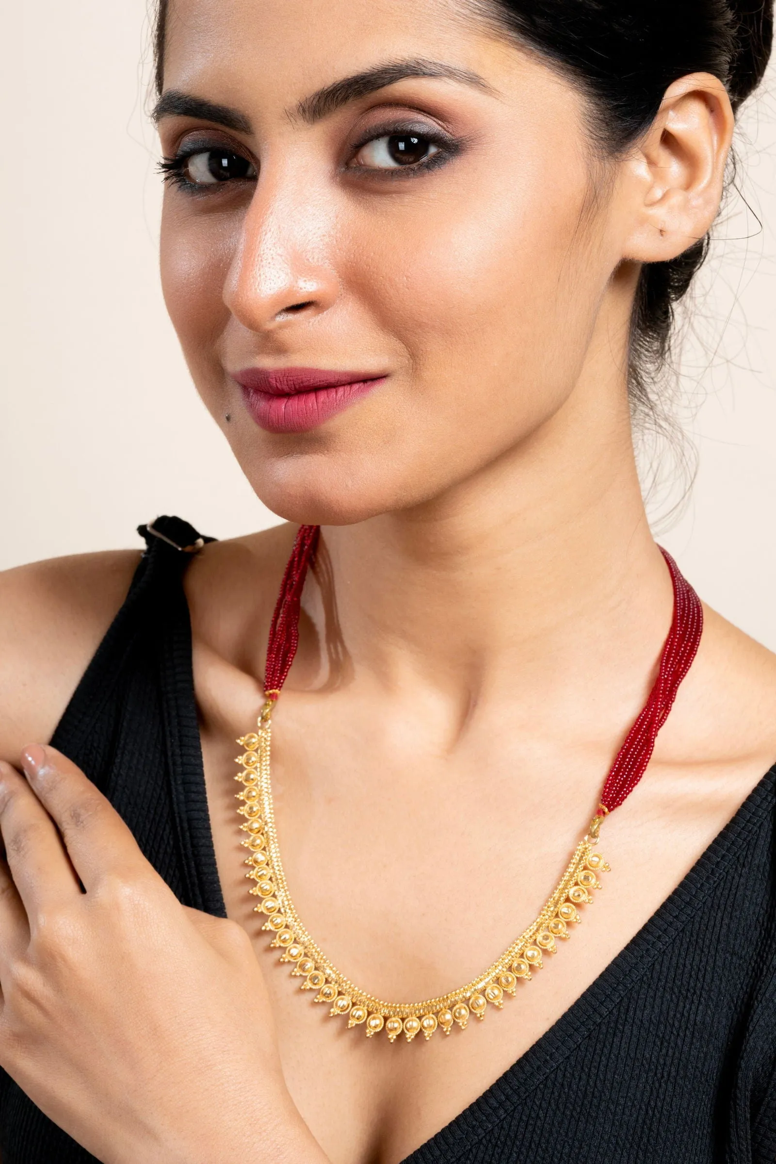 Gold Plated Designer Necklace with Bold Red Tassel Dori - Exquisite Copper Jewelry