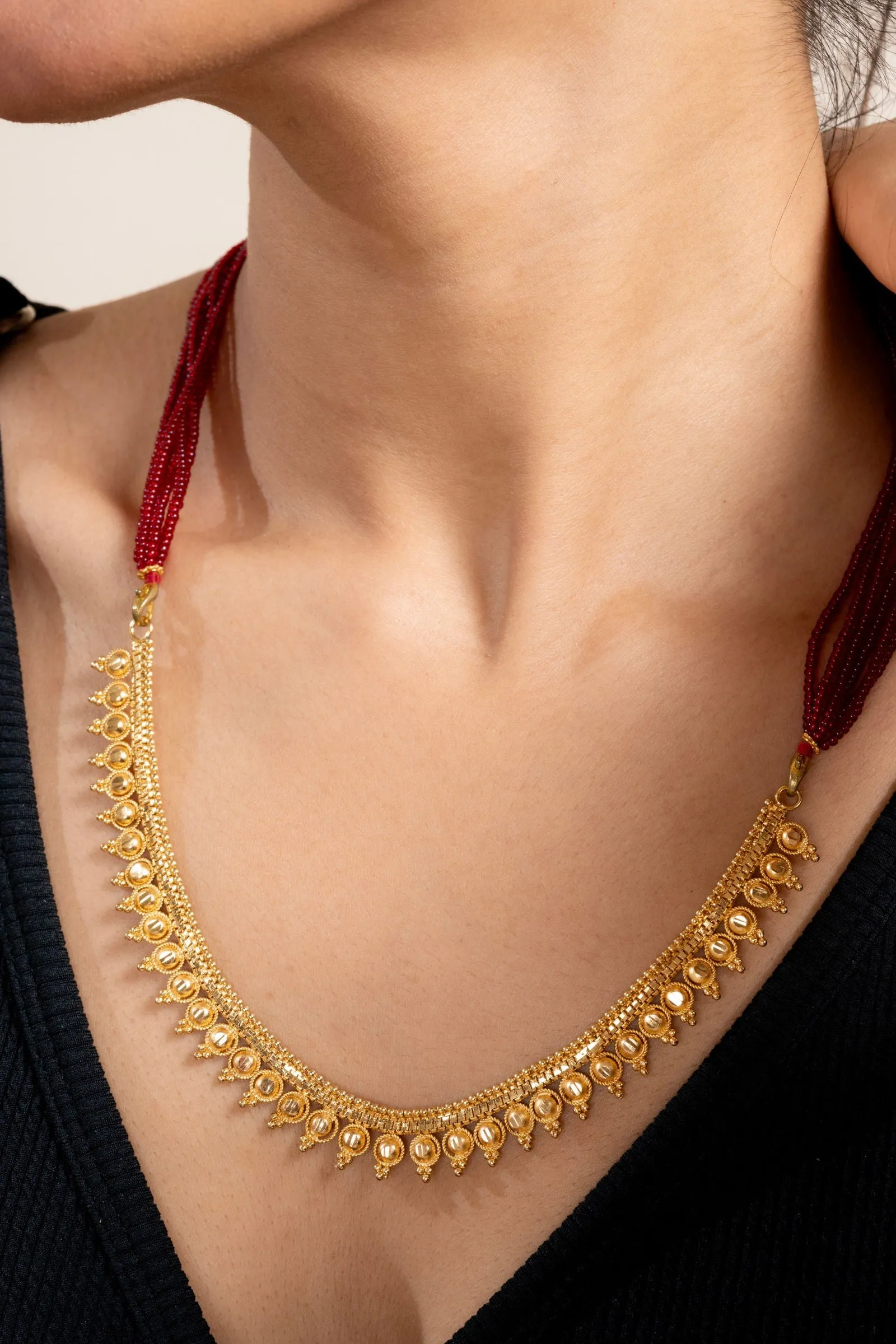 Gold Plated Designer Necklace with Bold Red Tassel Dori - Exquisite Copper Jewelry