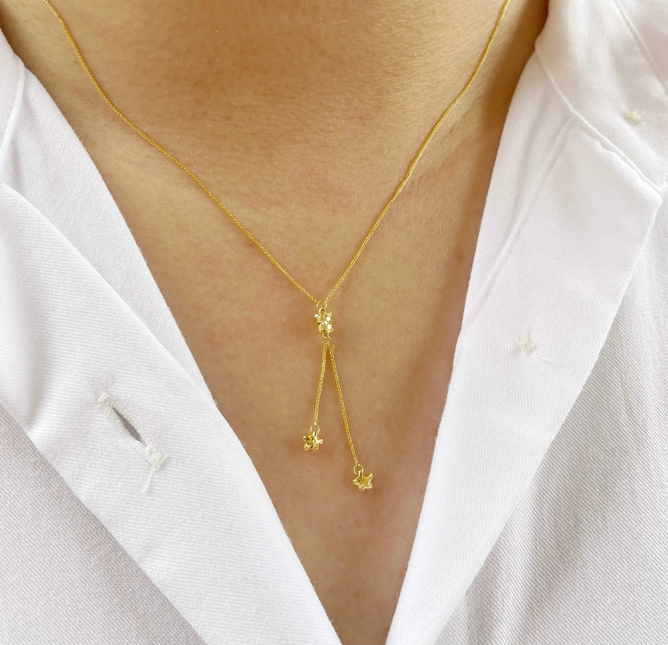 #GOLD2024 | 18K Golden Barrel Double Star Drop Necklace