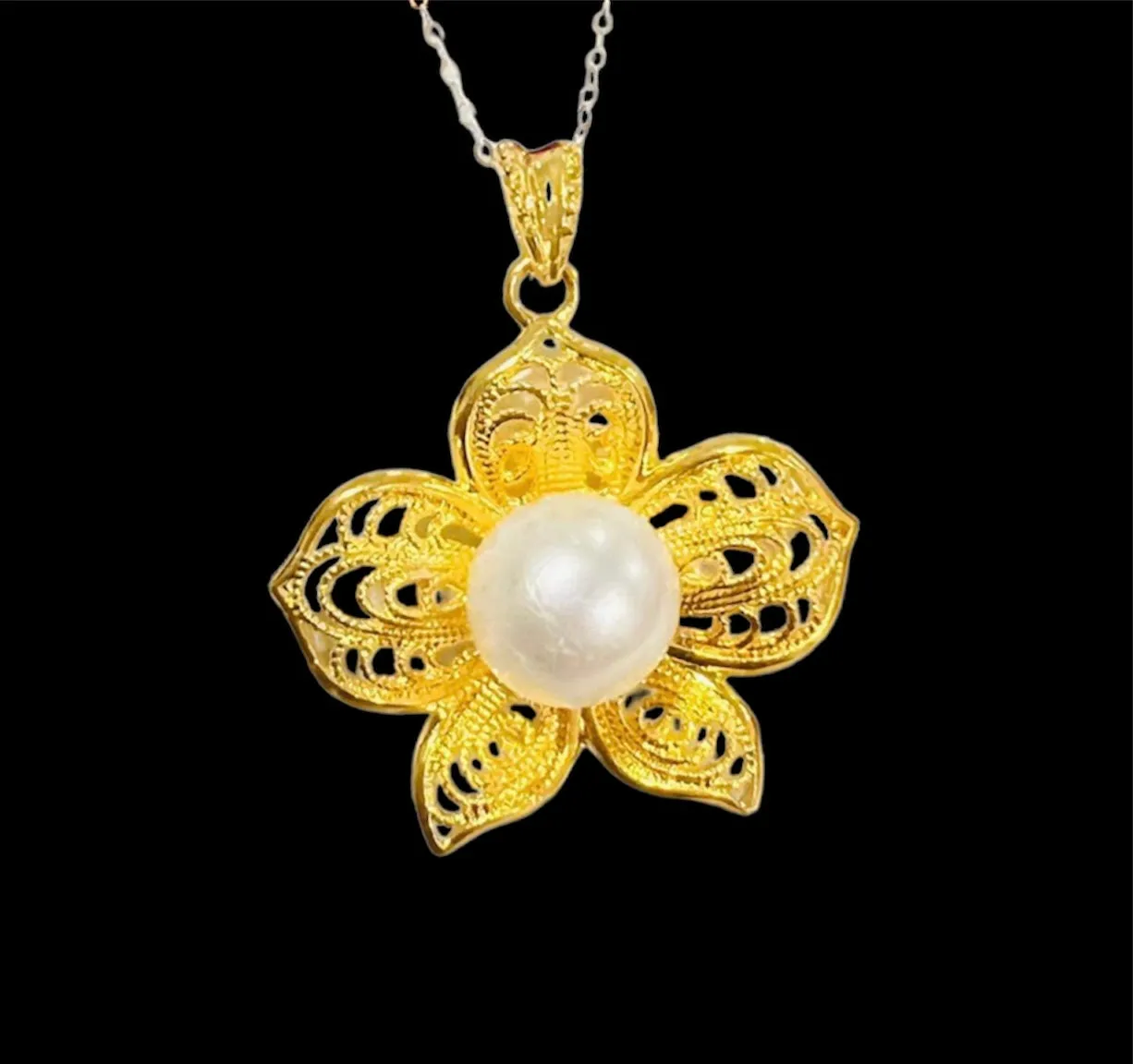 #GOLD2024 | 18K Golden Flower Pearl Necklace Classic Chain 18”