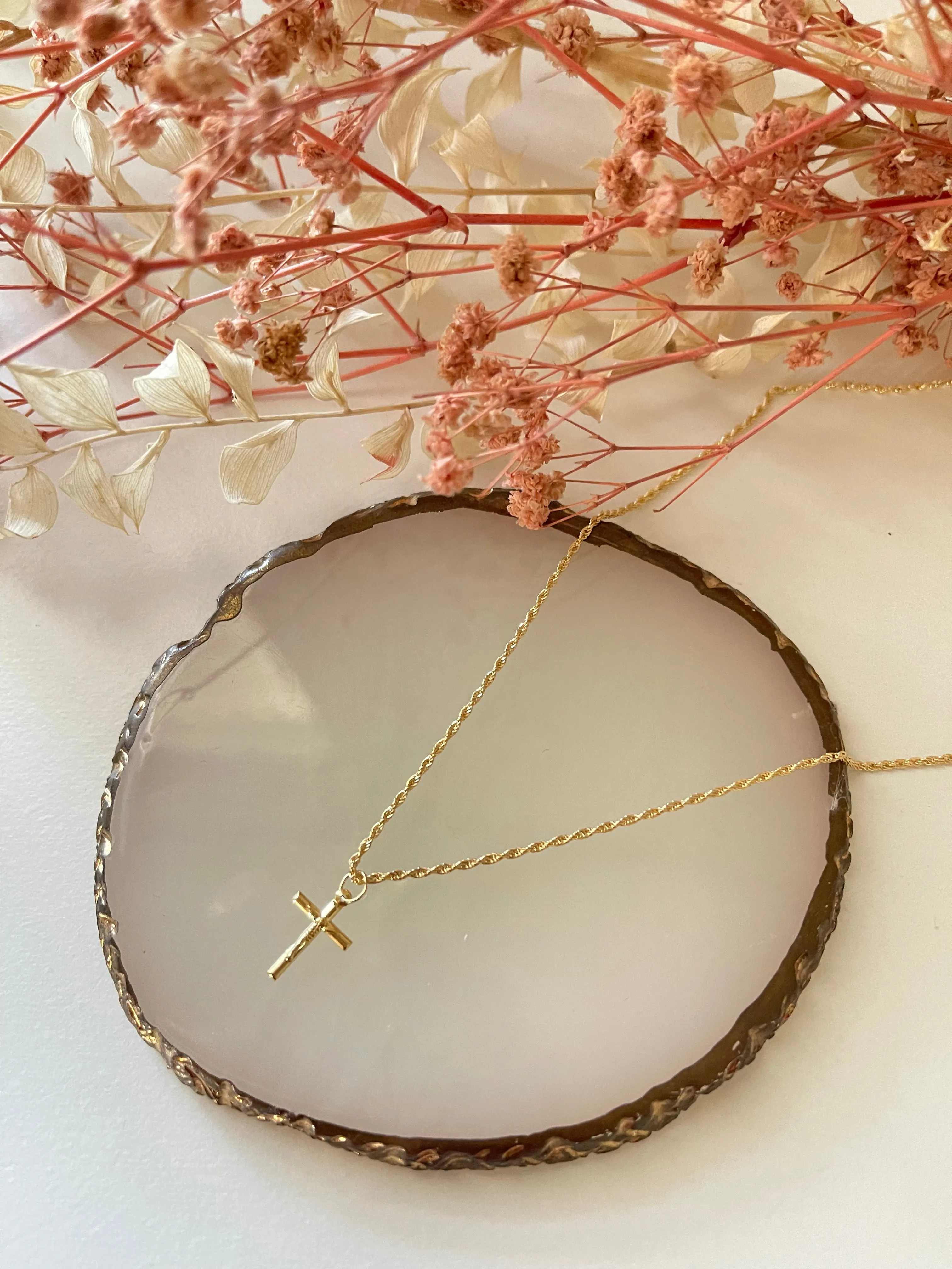 #GOLD2024 | 18K Golden Small Cross Necklace Rope Chain 17.5”