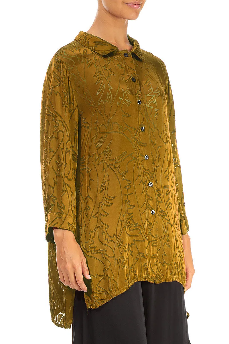 Golden Olive Devoré Feather Silk Shirt