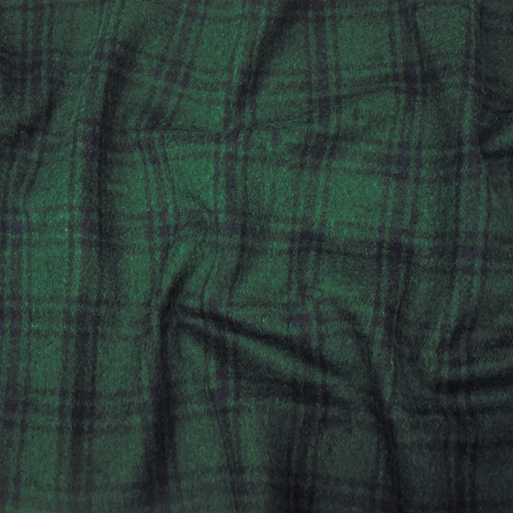 Green-Blue-Black Wool-Polyester Single Sided Brushed Plaid Jacketing Fabric