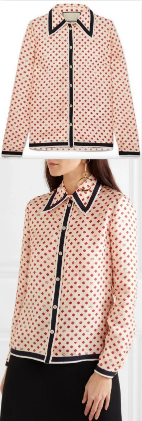 Grosgrain-Trimmed Printed Silk-Twill Blouse