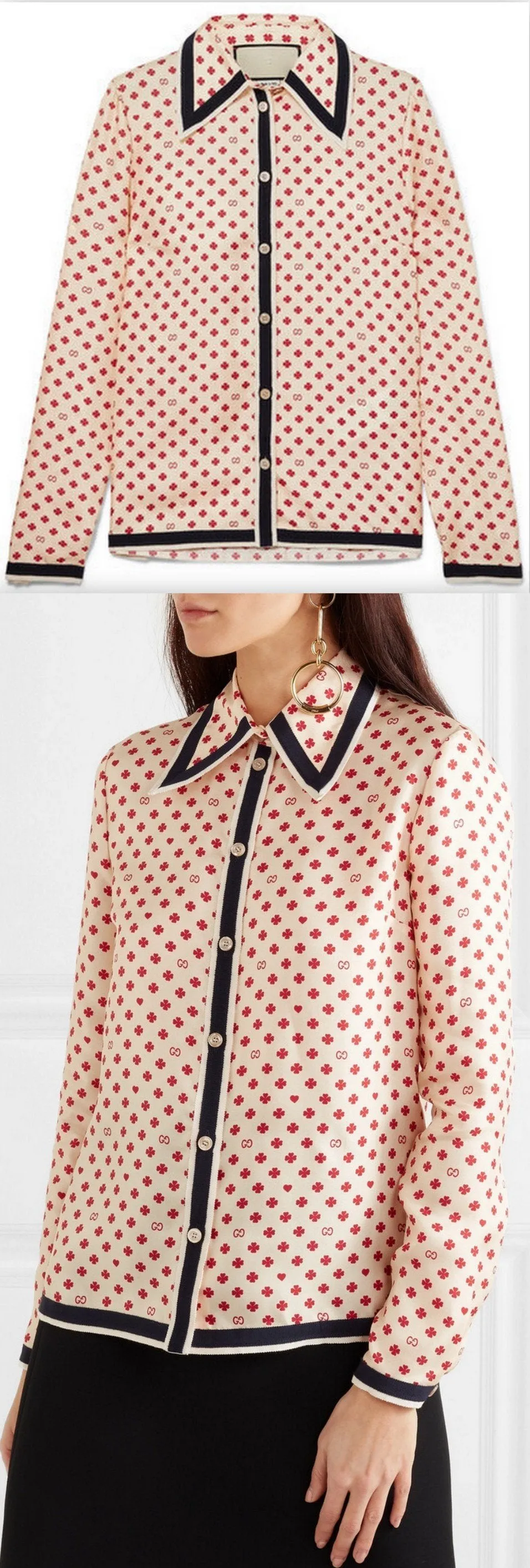 Grosgrain-Trimmed Printed Silk-Twill Blouse