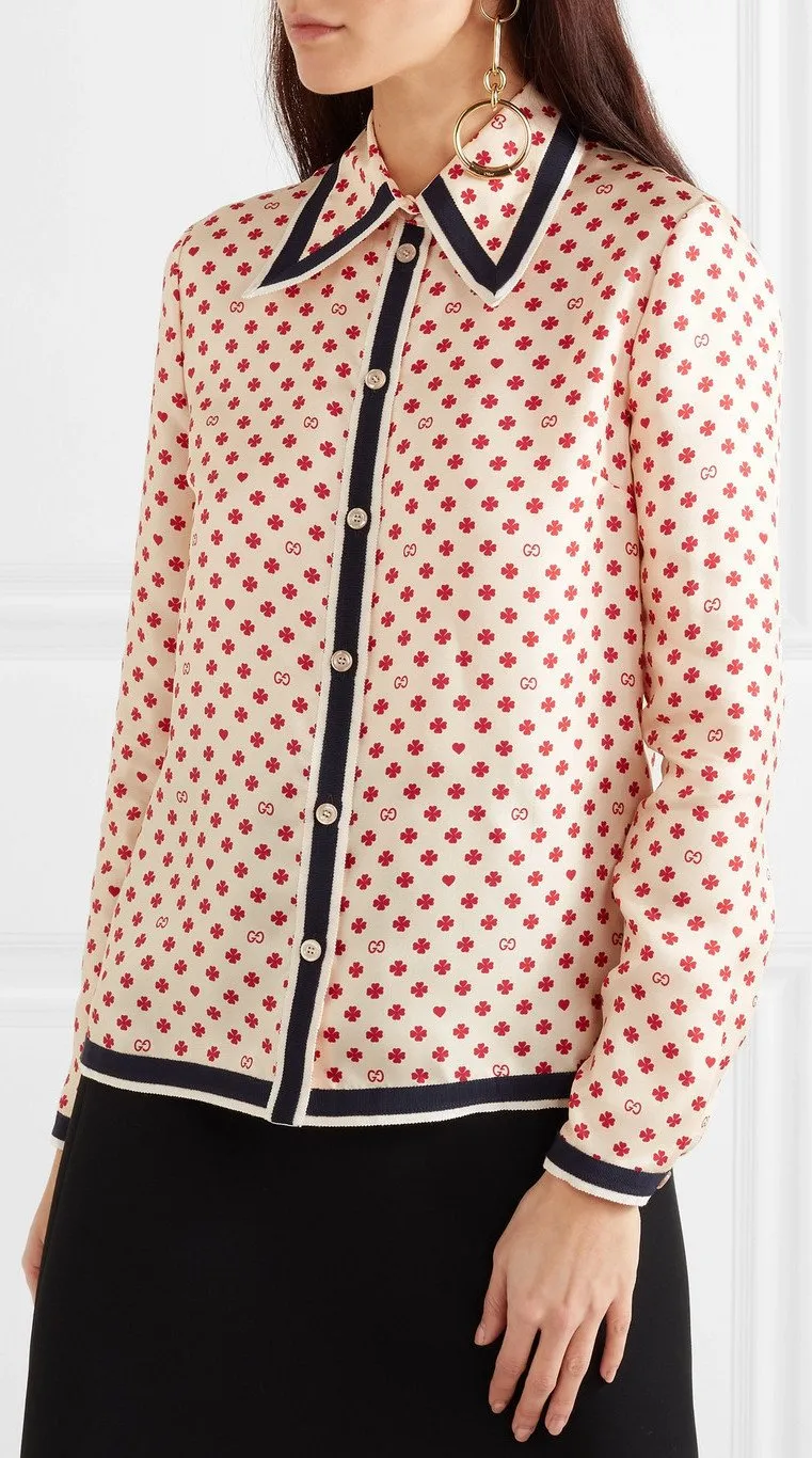 Grosgrain-Trimmed Printed Silk-Twill Blouse